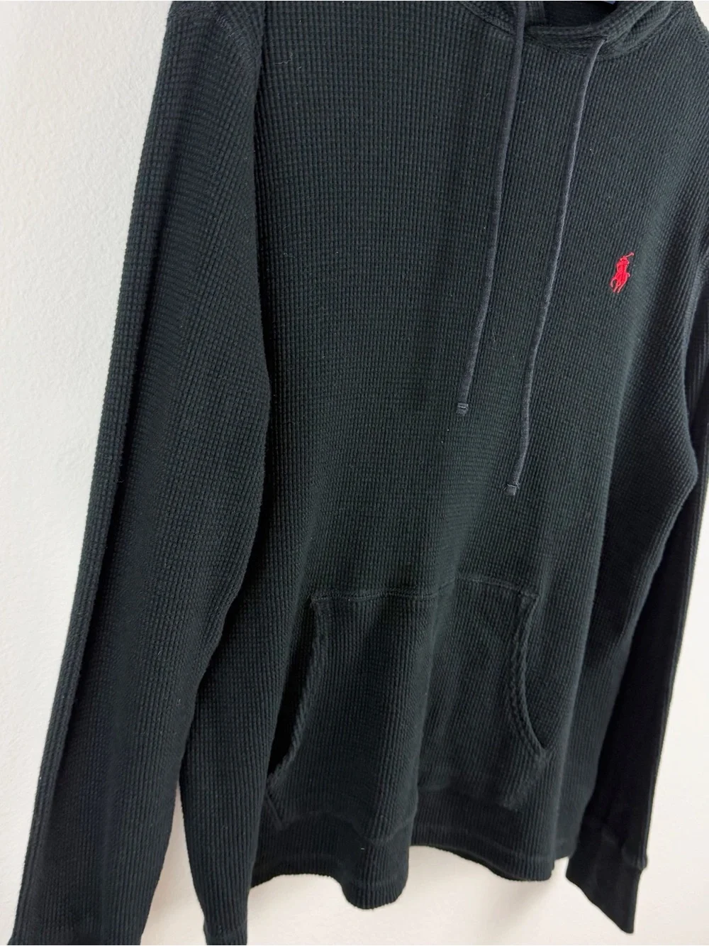 Polo Ralph Lauren Black Long Sleeve Thermal Waffle Weave Knit Hoodie Large